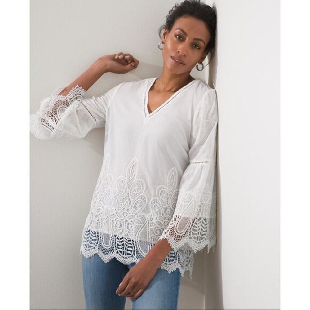 CHICO'S Blouse Embroidered‎ Lace Cutout V-Neck Quarter Sleeve Boho Cottagecore - Picture 2 of 14